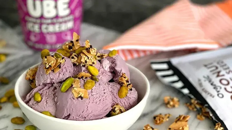 Ube Ice Cream from Trader Joe's in a bowl, topped with granola.