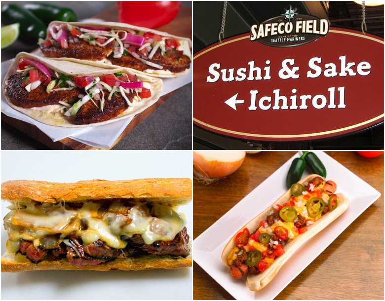Play Ball! (clockwise from top left): Grilled mahi tacos at Marlins Park, the erstwhile Ichiroll sign at Safeco Field in Seattle, the new Doyer Dog at Dodger Stadium, Pat LaFrieda steak sandwich at Citi Field.