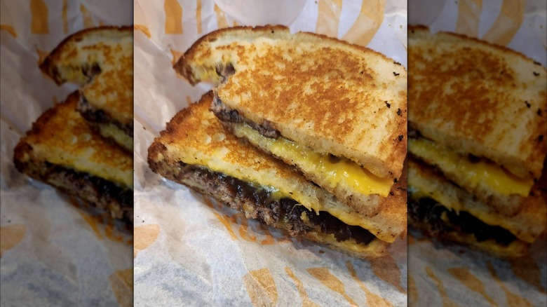 A burger patty inside a Culver's Grilled Cheese.