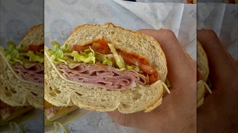 Chopped pepper relish sits on a Jersey Mike's sub.
