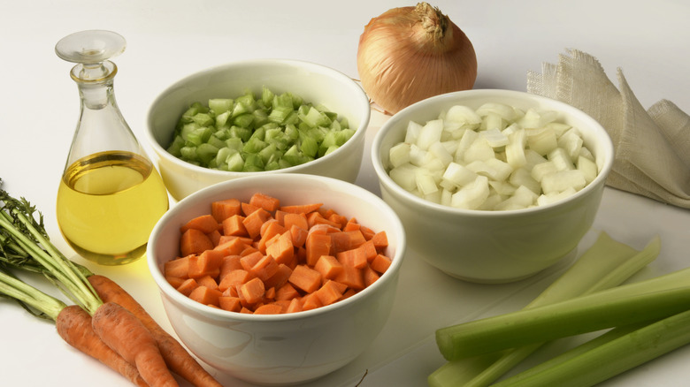 mirepoix ingredients, carrot, celery, and onion