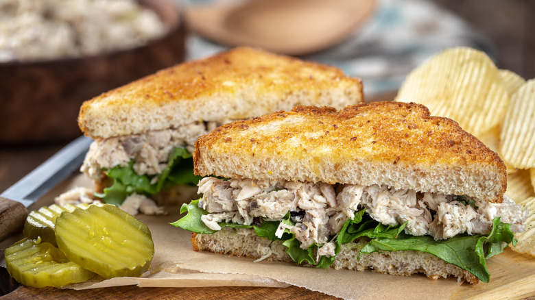 Tuna salad sandwich cut in half