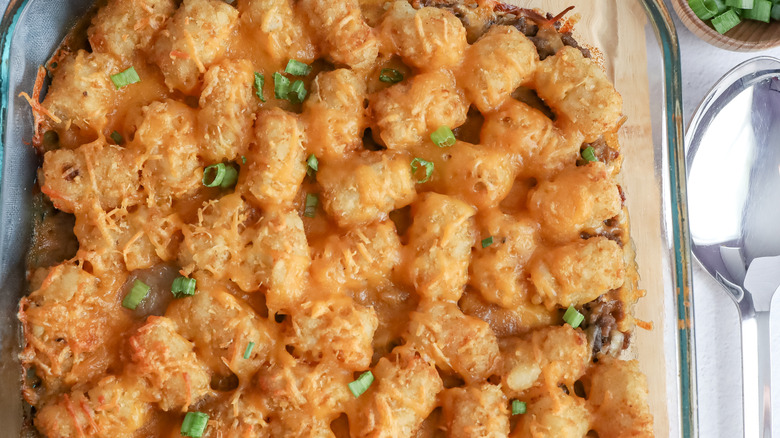 tater tot casserole in pan