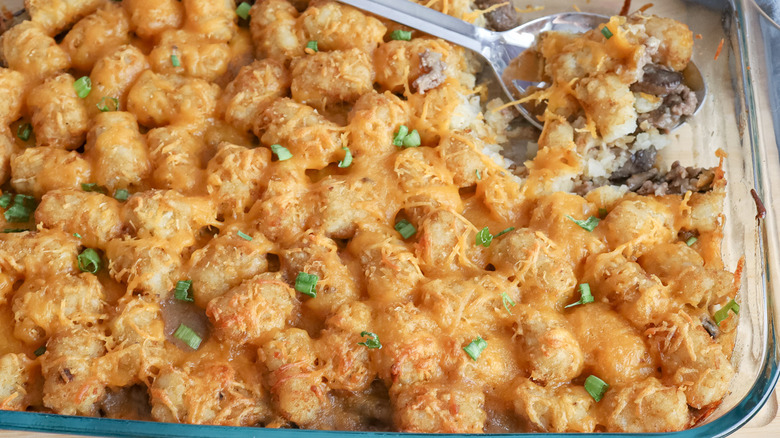 tater tot casserole in pan