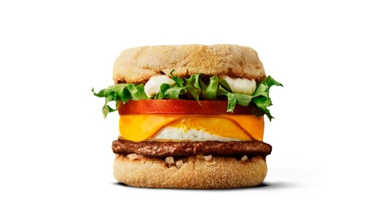 A close-up of a McDonald's McMuffin Deluxe.