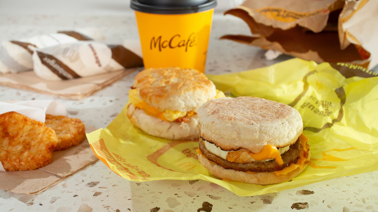 A breakfast tray with an egg McMuffin