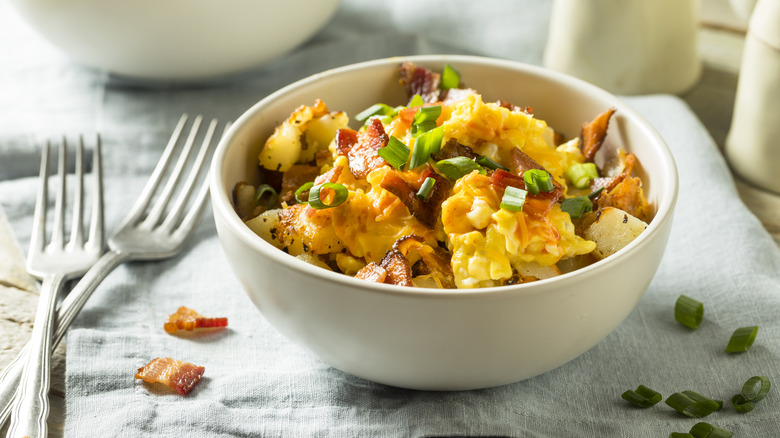 Bowl of scrambled eggs and potatoes