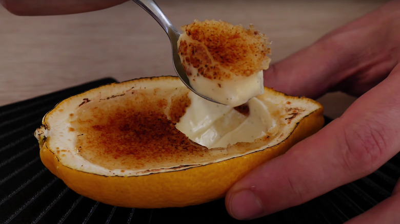 lemon creme brulee in lemon shell