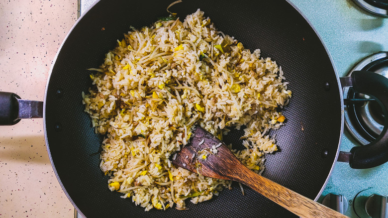 Top view of fried rice in wok