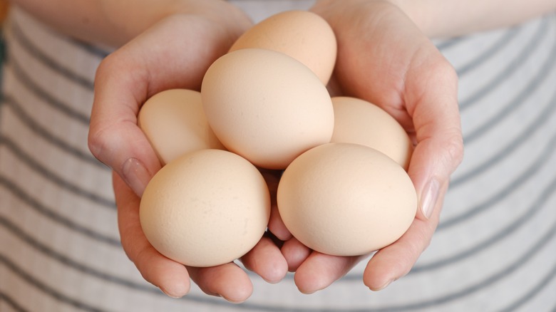 Hands holding several eggs