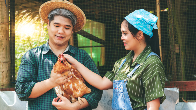 Man and woman holding hen