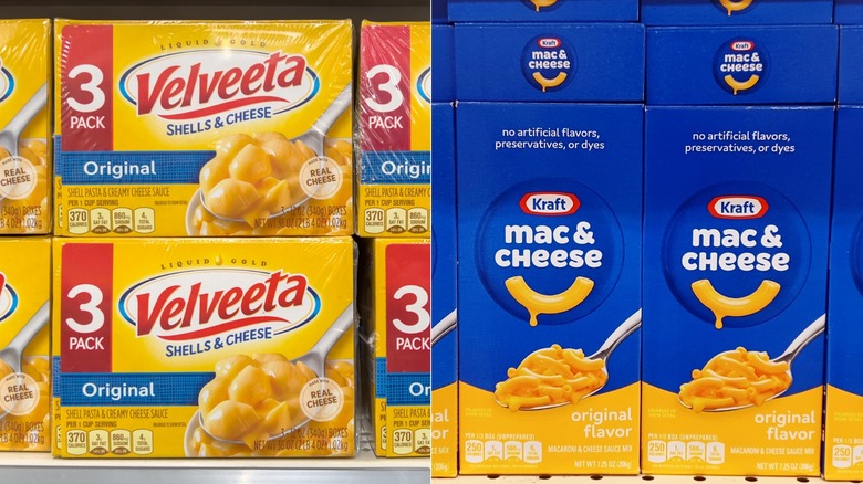 Boxes of Velveeta Shells & Cheese next to boxes of Kraft Macaroni & Cheese.