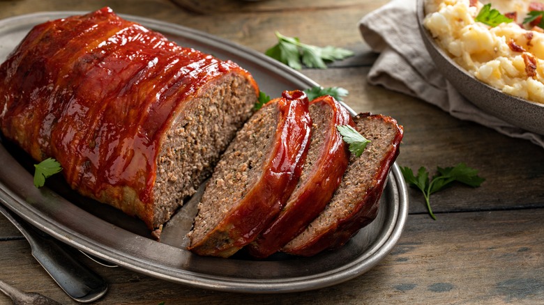 Meatloaf cut into slices for serving