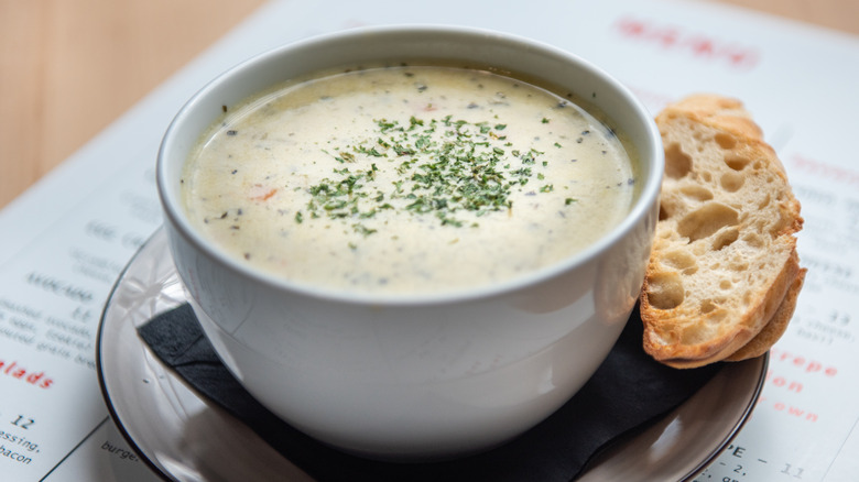 Potato soup sat atop a restaurant menu