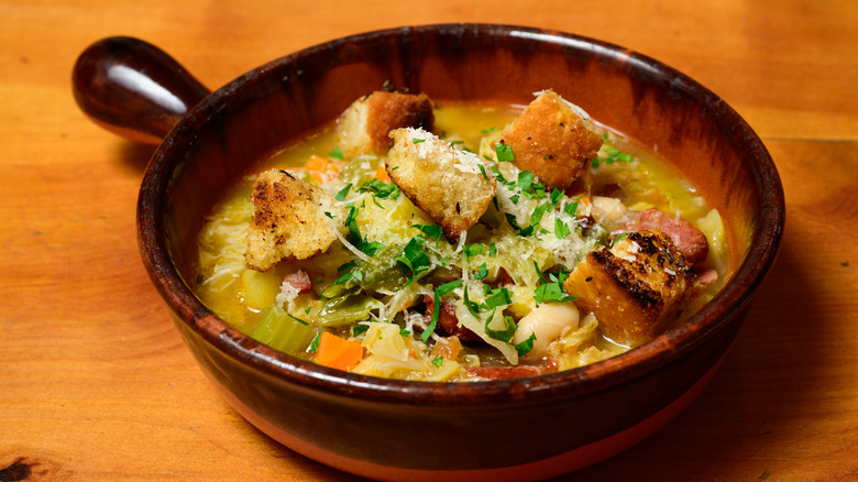 Italian bread and bean soup in a shallow bowl