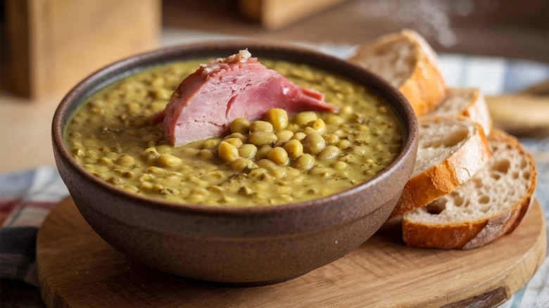 Split pea soup topped with ham, next to rustic bread