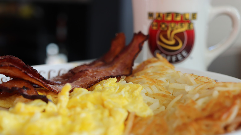 Bacon, eggs and hash browns and coffee from Waffle House