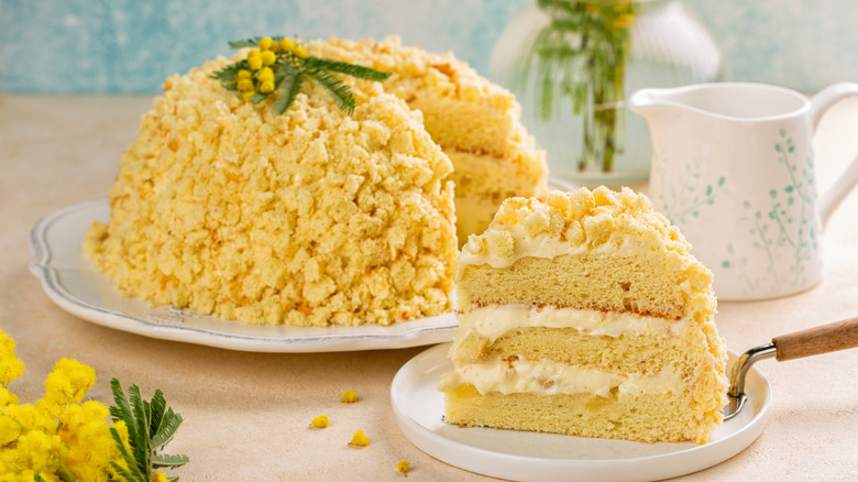 Mimosa cake topped, torta mimosa, with diplomat cream