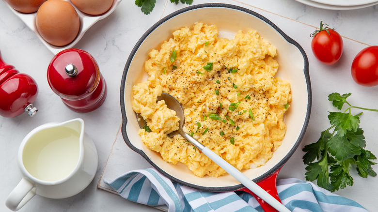 pan of scrambled eggs