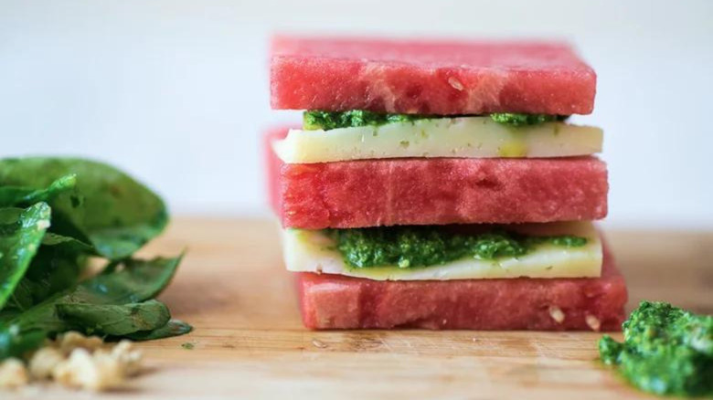 Watermelon And Manchego Stack With Arugula Pesto