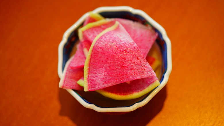 watermelon radish slices in a bowl