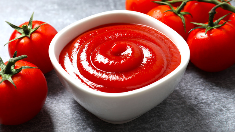 small bowl of ketchup surrounded by tomatoes