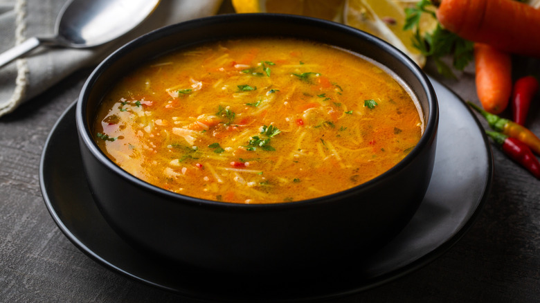 deep colored chicken noodle soup