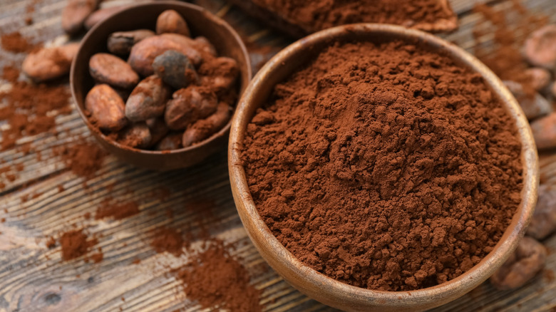 bowl of cocoa powder with cocoa beans alongside