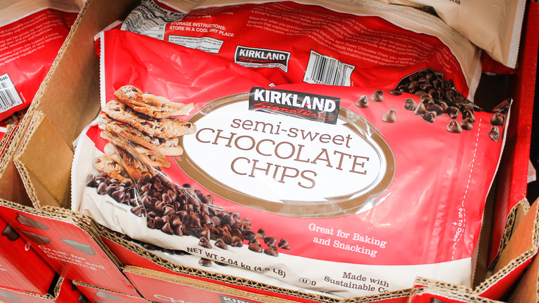Kirkland Signature semi-sweet chocolate chips, now discontinued, on display at a Costco warehouse