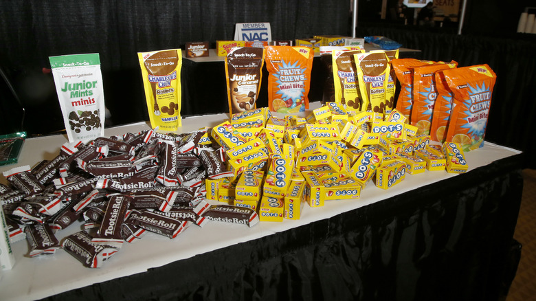 Pile of Tootsie Rolls, dots, and fruit chews
