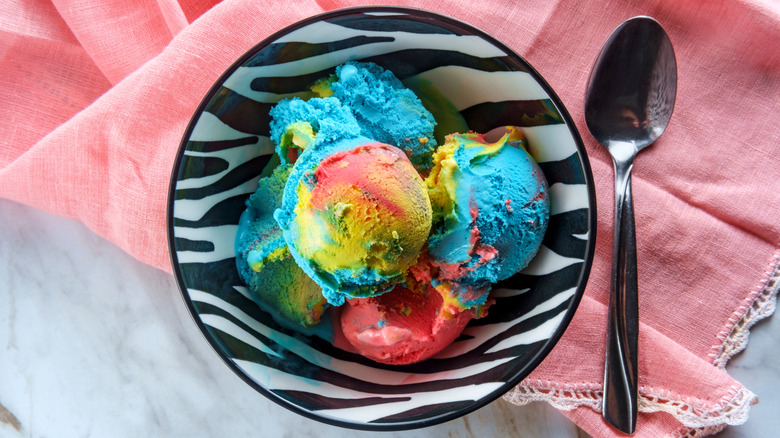 Bowl of Superman ice cream with spoon
