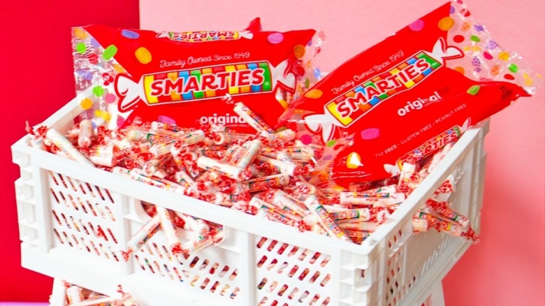 Smarties candies in white crate