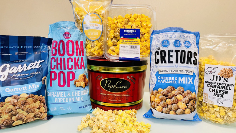 A lineup of multiple "Chicago style" popcorn bags sold on Amazon