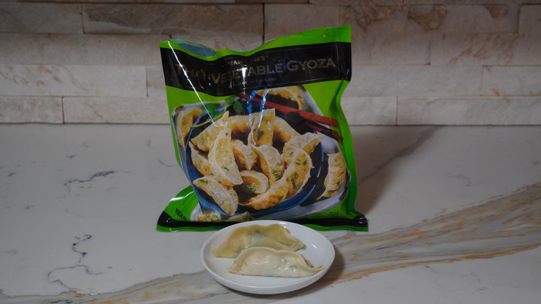 Trader Joes Thai Vegetable Gyoza on a marble countertop.