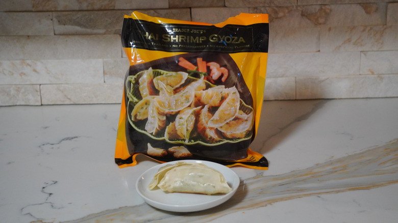 Trader Joe's Thai Shrimp Gyoza on a marble countertop.