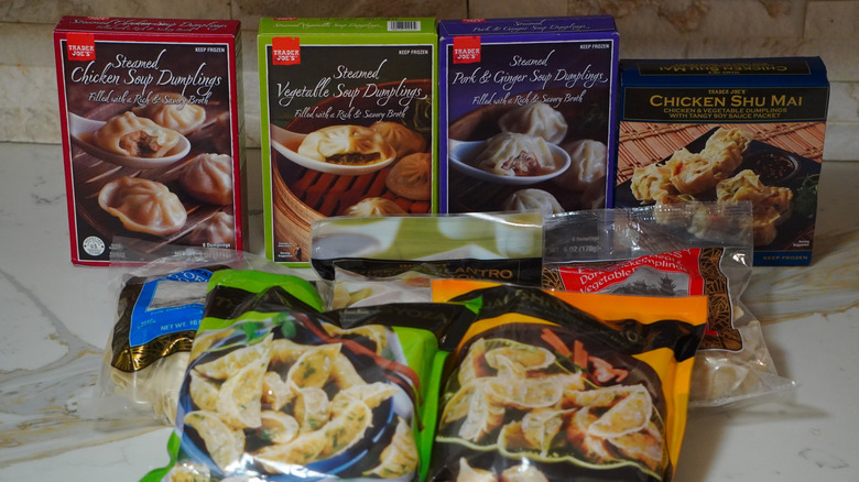 Trader Joe's dumplings on a marble countertop.