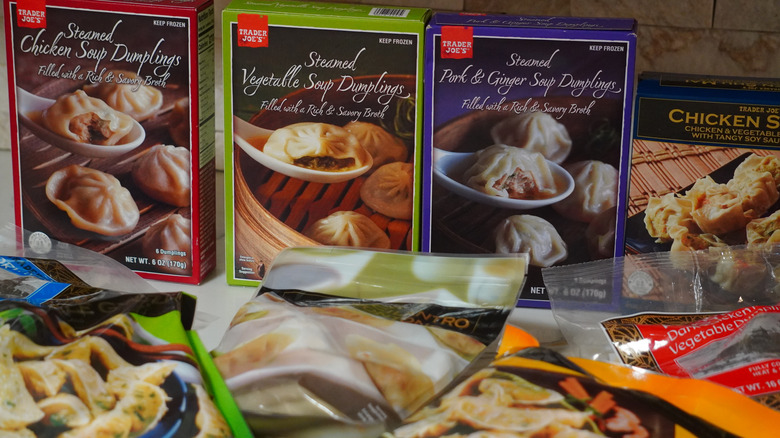 Close-up of Trader Joe's dumplings on a marble countertop..