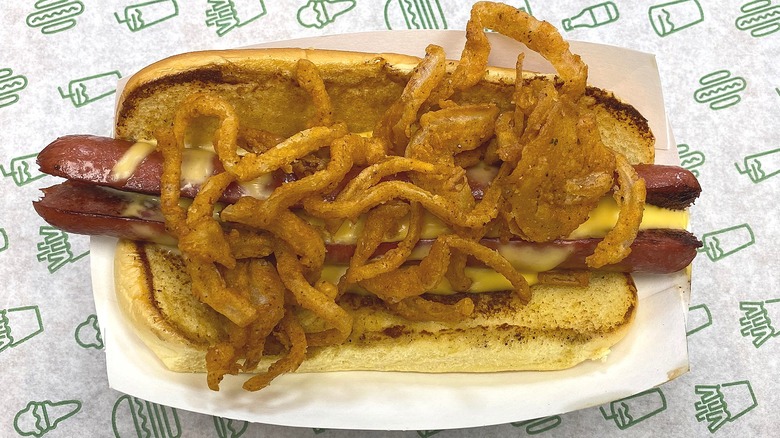 Cheese onion hot dog on