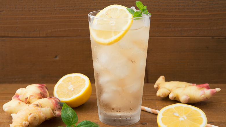 Glass of ginger ale over ice with slice of lemon and mint garnish