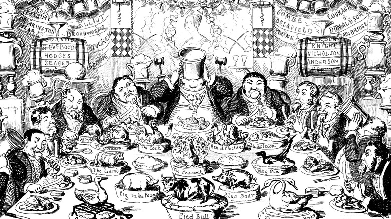 An all-male affair: a vintage cartoon of men eating around a table with wanton gluttony.