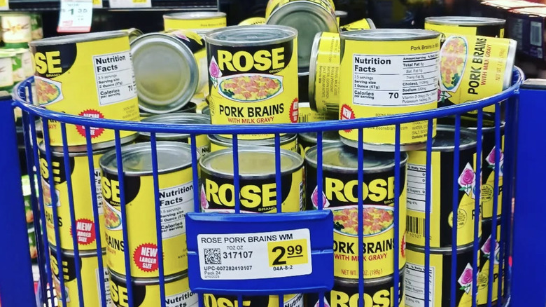 Store basket filled with canned pork brains