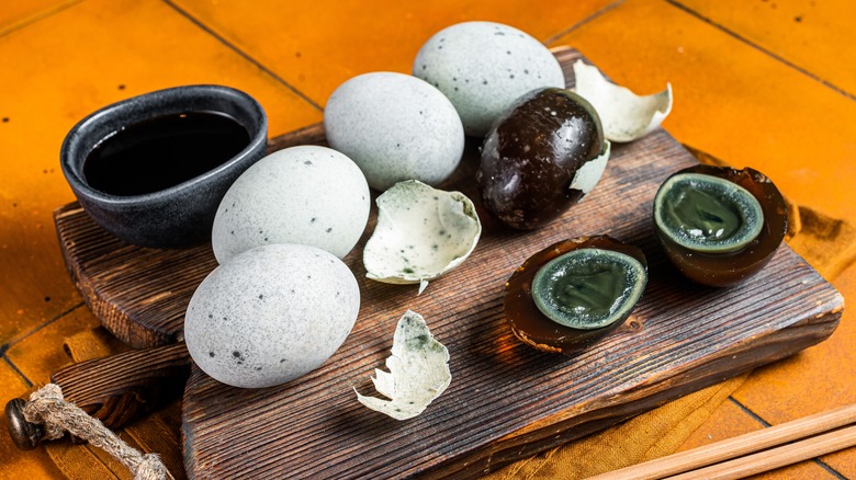 Century eggs peeled from shell