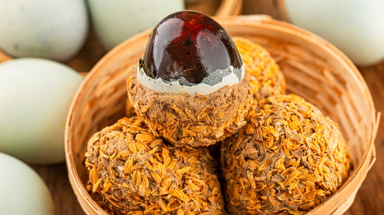 Century eggs in basket
