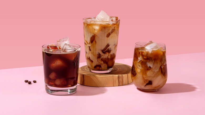Three cold brew coffees on ice