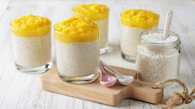 Tapioca pudding topped with mango puree