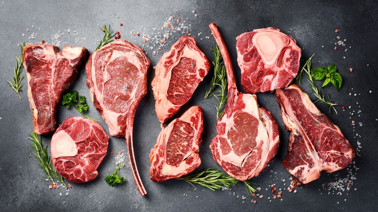 Various cuts of steak including tomahawk steak