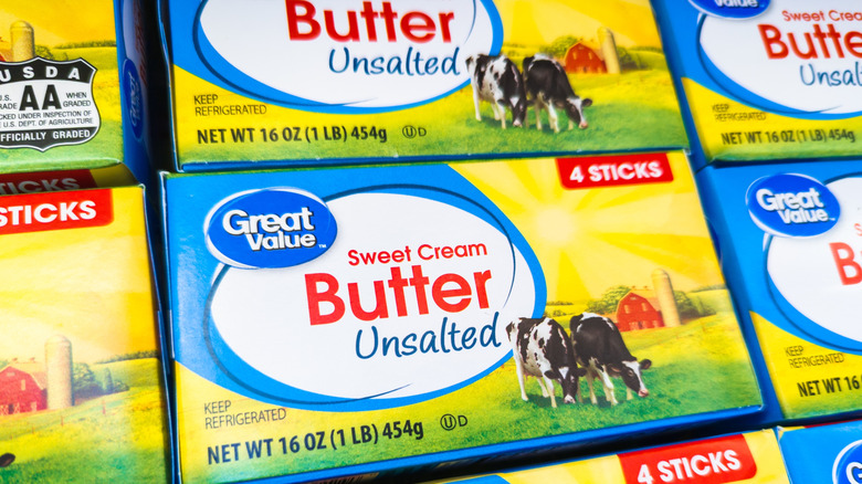 Boxes of Great Value unsalted butter.