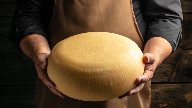 cheese maker holding wheel of aged cheese