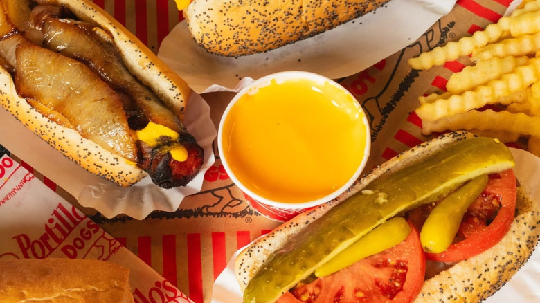 Cheese sauce, hot dogs, and fries from Portillo's.