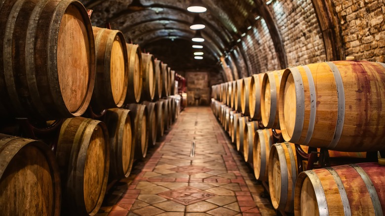 Whiskey barrels in storage